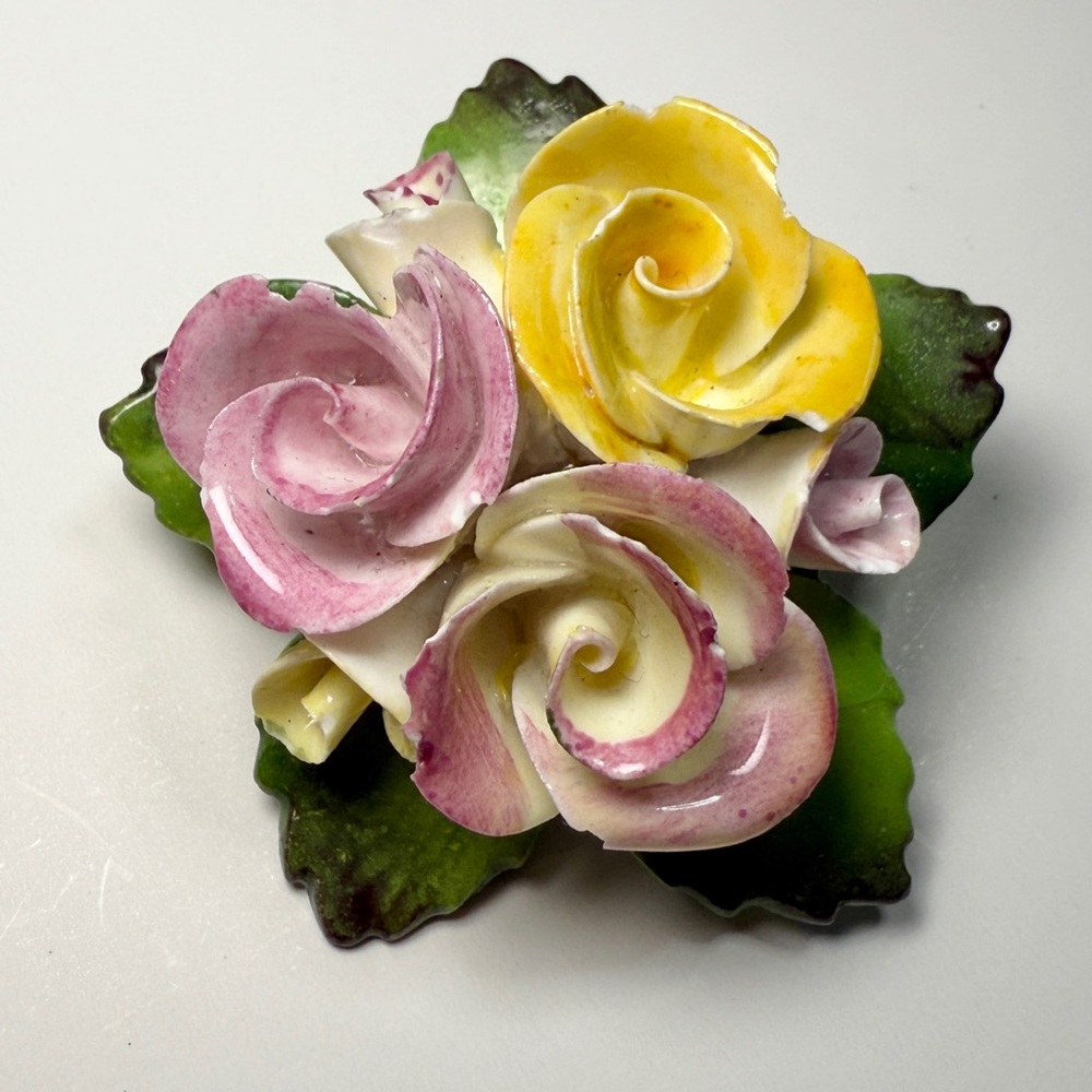 CARA CHINA - Staffordshire Floral Ceramic Brooch with Pink and Yellow Roses